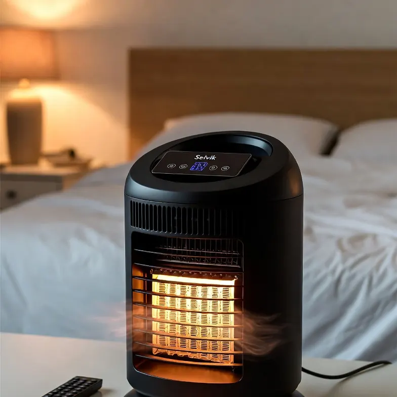Czarny grzejnik z nadmuchem Selvik HEAT 1500 na szafce nocnej