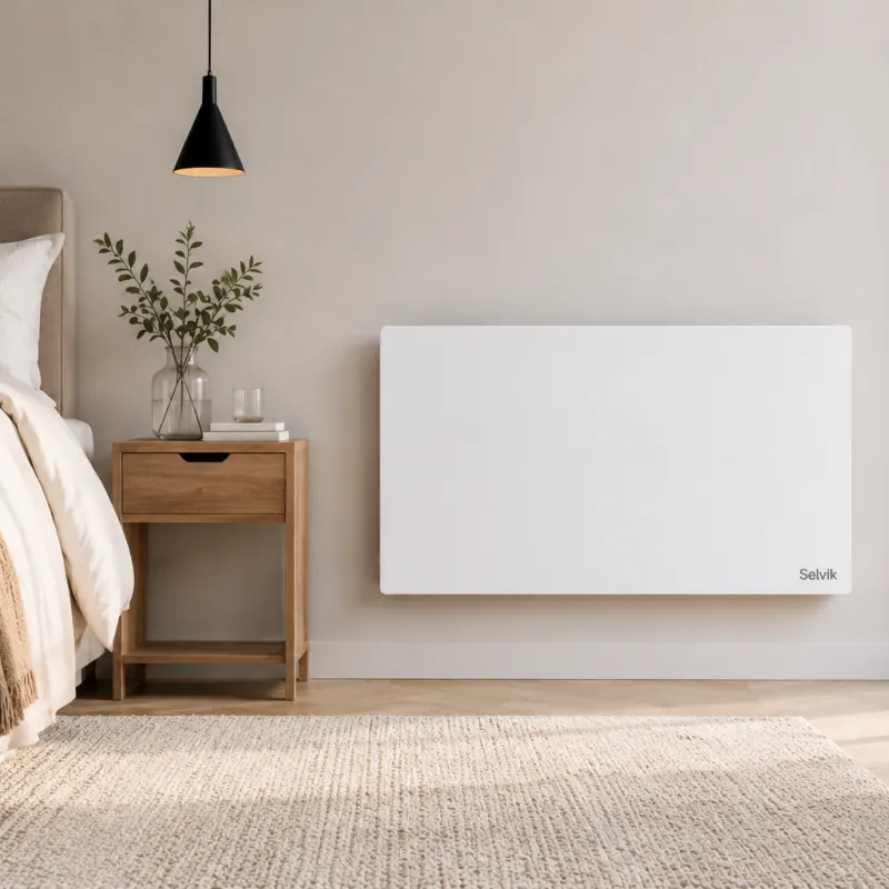 Biały panel grzewczy Selvik INFRA 900 w nordyckiej sypialni